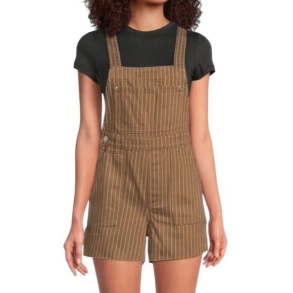 We Wore What Small Brown Pinstripe Overall Shorts Romper Shortall Cotton NWT - Picture 1 of 6